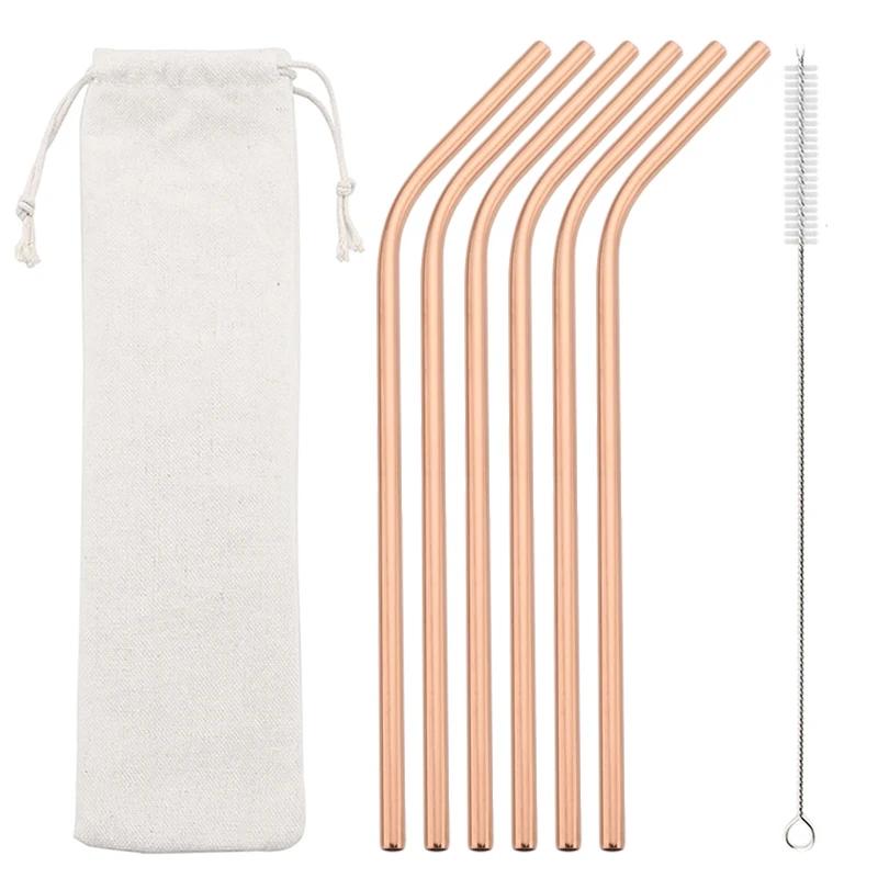 Gold 6Pcs Reusable Metal Straws Set with Cleaner Brush 304 Stainless Steel Drinking Straw Milk Drinkware Bar Party Accessory