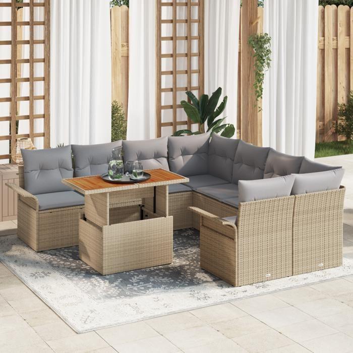 Ensemble de Canapé de Jardin 9 Pièces avec Coussins en Rotin Poly Beige, Canapé de Jardin 2 Places avec Rangement &amp; Coussins 3358051
