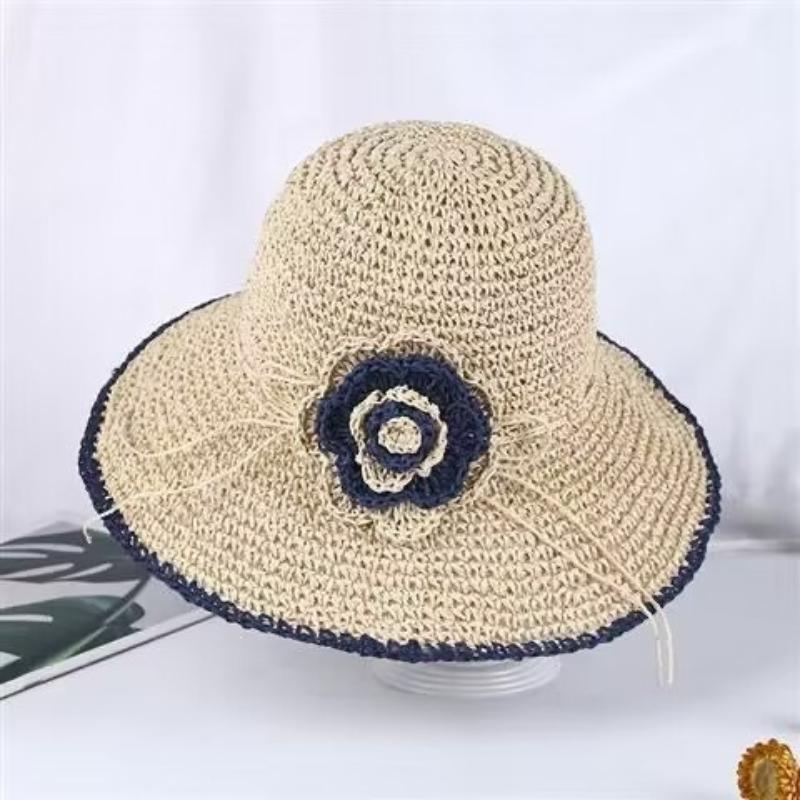 

1pc Sweet Summer Crochet Straw Hat for Women Large Brim Boho Summer Sun Hat with Flower Decoration Foldable UV Protection Beach One Size бежевий
