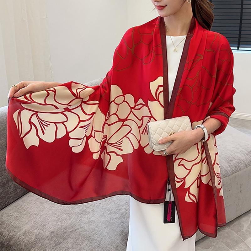 Red Big Flower Luxury Scarf Women's Goods New Silk Scarf Long Large Size Travel Shawl Sun Protection
