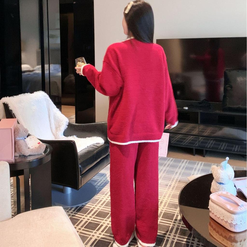 New Year's red pajamas women's half velvet Christmas bear sweet pajamas soft waxy thickened lazy wind women's loungewear