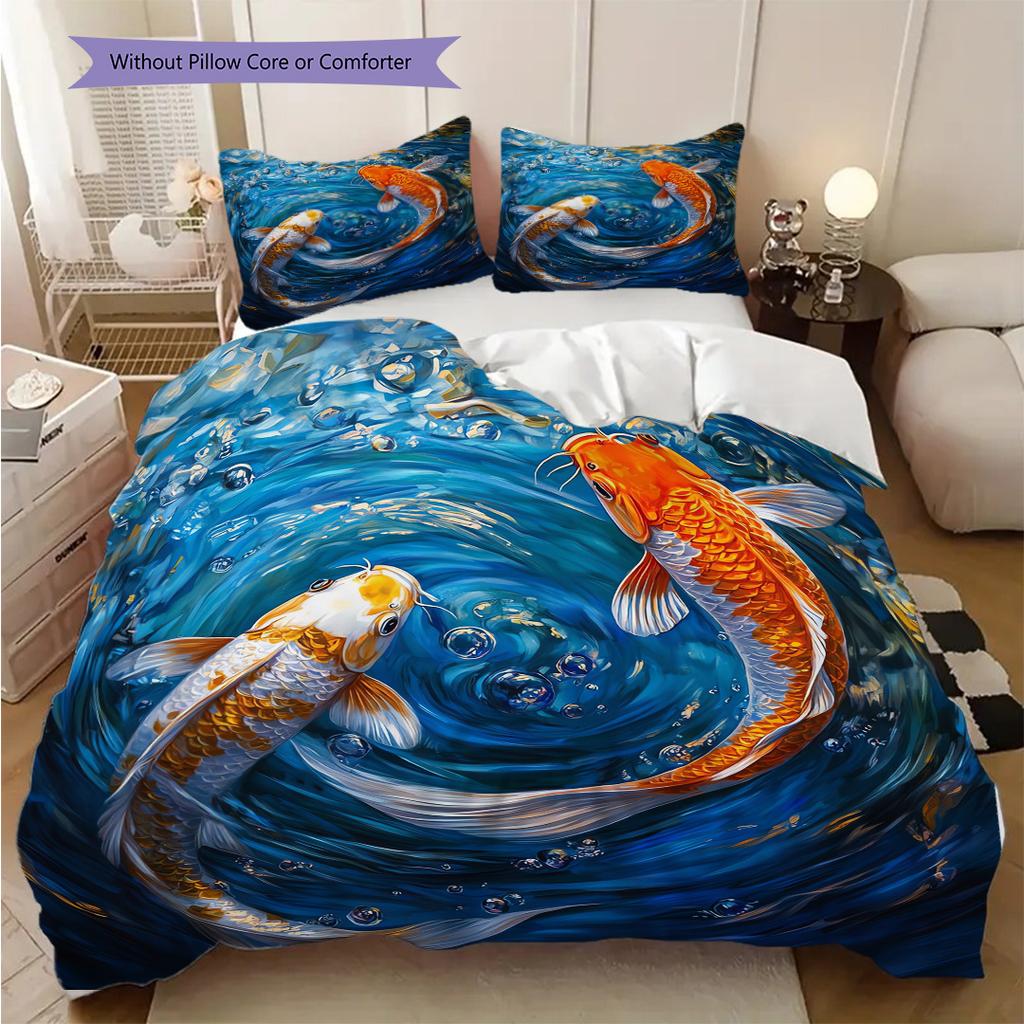 Koi Fish Pattern Bedding Quilt Set Quilt Cover Pillowcase Home Decoration Birthday Gift (1 * Duvet Cover + 2 * Pillowcase, Without Core)