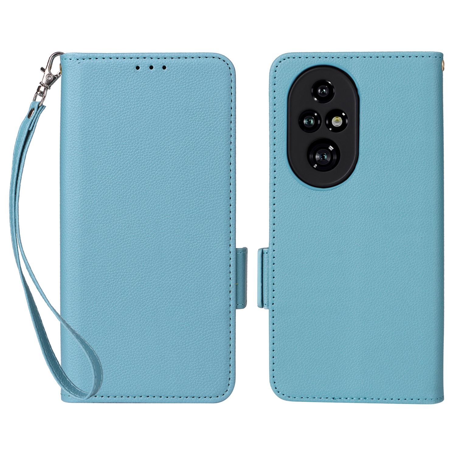 

For Honor 200 Pro 5G Case with Wrist Strap Litchi Texture PU Leather Wallet Phone Cover Baby Blue