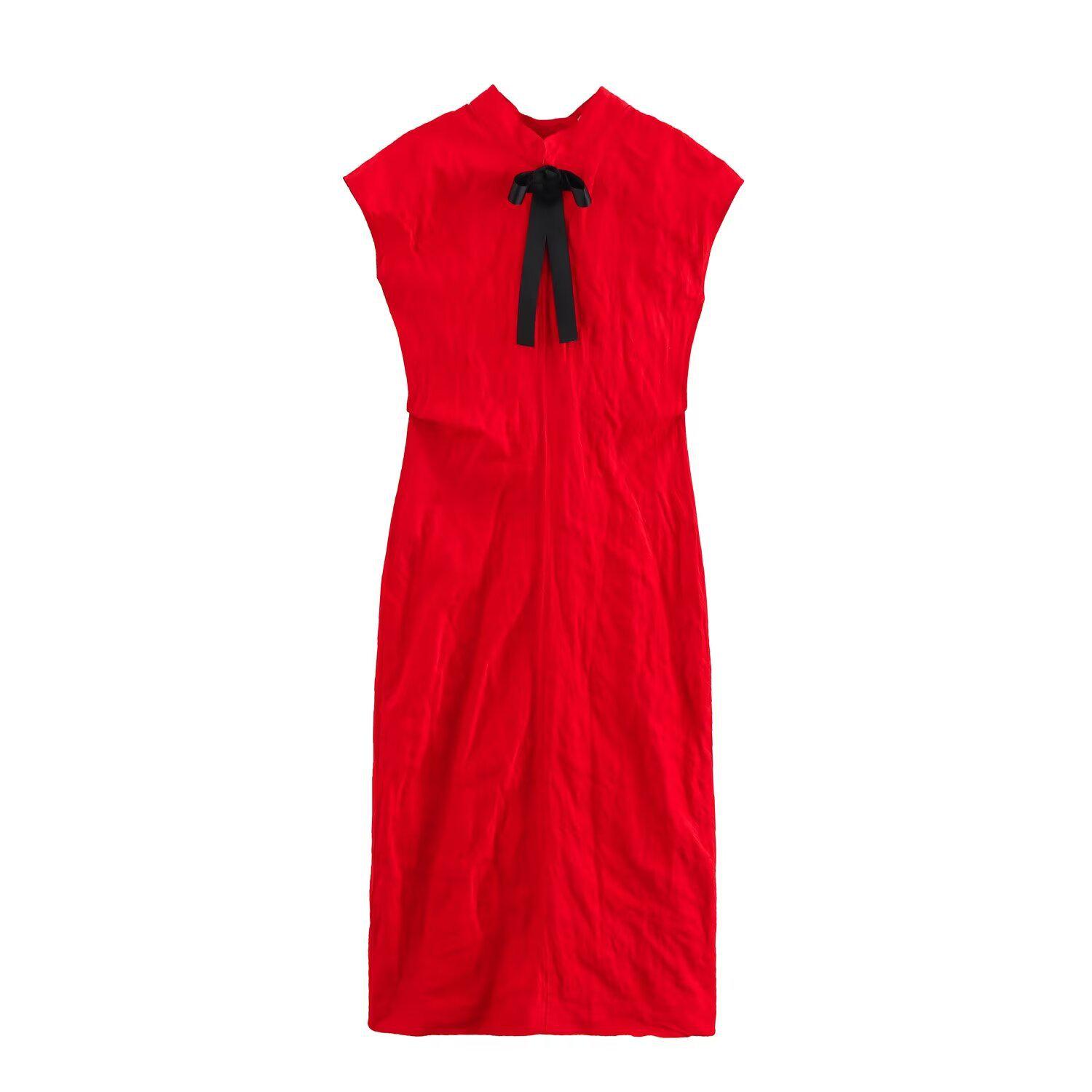 

Весна 2025 Женское модное платье в европейском и американском стиле с бантом и драпировкой Small красный