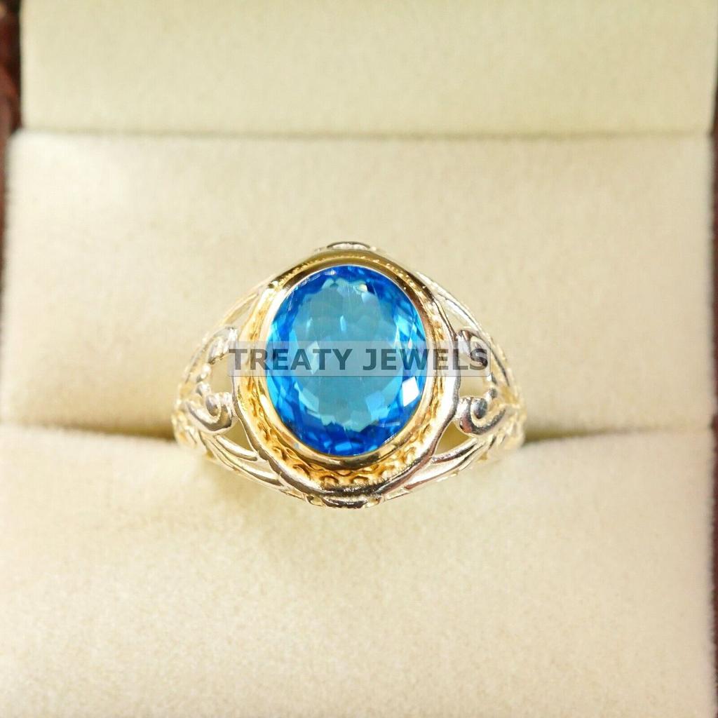 Blue Topaz Oval Cut Gemstone With 925 Sterling Silver Ring For Men's #A886 JL375669038121