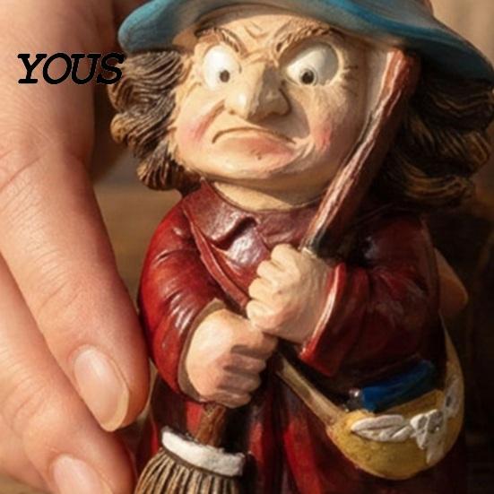 Halloween Party Decoration Witch on Broomstick Resin Figurine, Gnome Statue with Wizard Hat, For Shelf Vintage Spooky Decor for Desk Table,