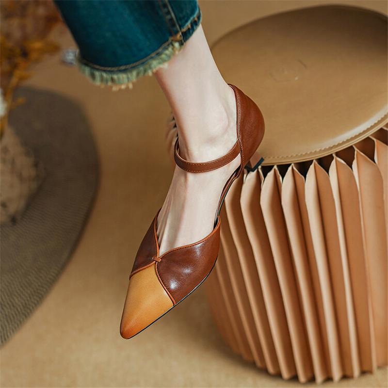 Fashion Genuine Leather Summer Sandals Pointed Toe High Heels Sandals for Women Zapatos Mujer Mixed Color Cover Toe Sandals Ladies Shoes