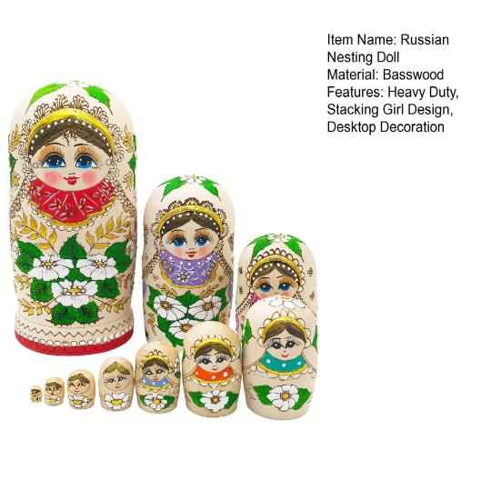 10Pcs/Set Handmade Wooden Matryoshka Doll 10 Layers Russian Nesting Doll Vintage Girl Stacking Toy Home Office Desktop Decoration Ornament