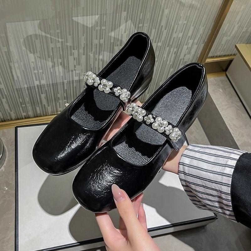 Fashion Inside Heightened Flat Single Shoes Autumn New Round Toe Shallow Slip Rhinestone Pearl Soft Sole Non-Slip Low Top Shoes