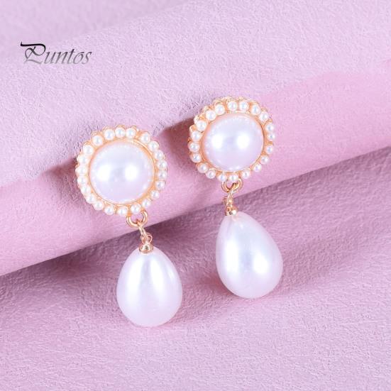 Palace Style Retro Faux Pearls Waterdrop Shape Dangle Earrings Golden Trim Ear Clip Design Drop Earrings Fashion Jewelry Gift