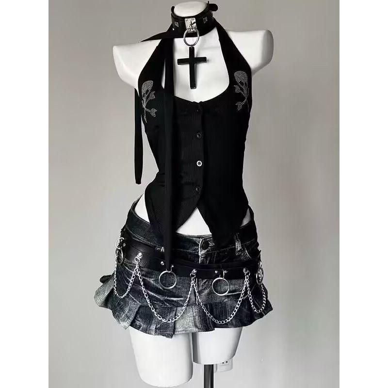 

Европейский и американский стиль Культура Модный Y2g Топ-майка с черепом Женский Холтер Завязка Короткие Сексуальные Летние Топы Black M