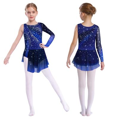 Girls Figure Skating Dance Dress Asymmetrical Split Shiny Rhinestones Contrast Color Elegant Outfit