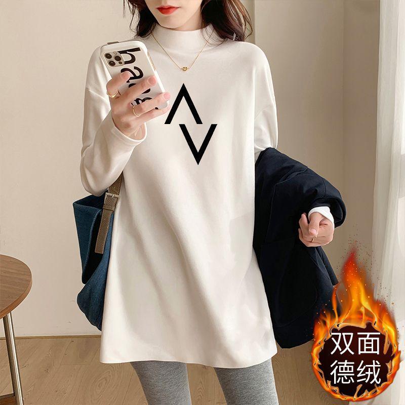 Plus Size Women's Half Turtleneck Mid-Length Long Sleeve Top Double-sided Fleece Warm Fall Winter Base Layer Shirt