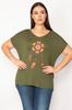 Women's Big Size Blouse Plus Size Khaki Embroidery Detailed V-Neck Low Sleeve Blouse
