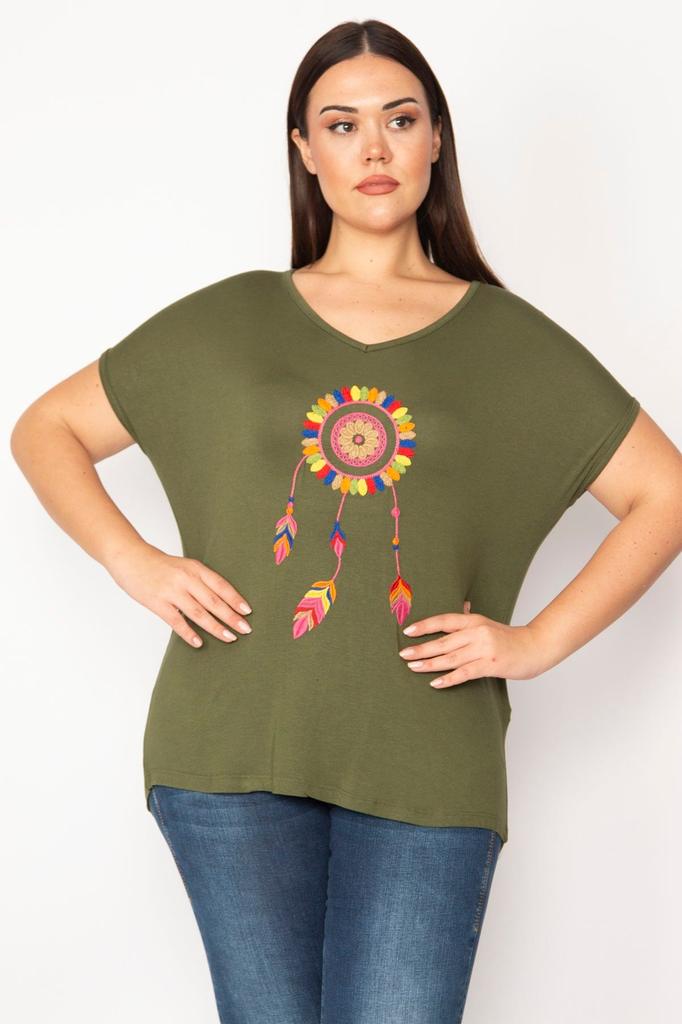 Women's Big Size Blouse Plus Size Khaki Embroidery Detailed V-Neck Low Sleeve Blouse