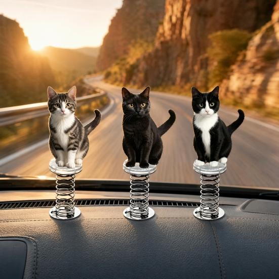 Cat Spring Car Rocking Black White Cat Figurine 2d Flat Acrylic Swaying Dashboard