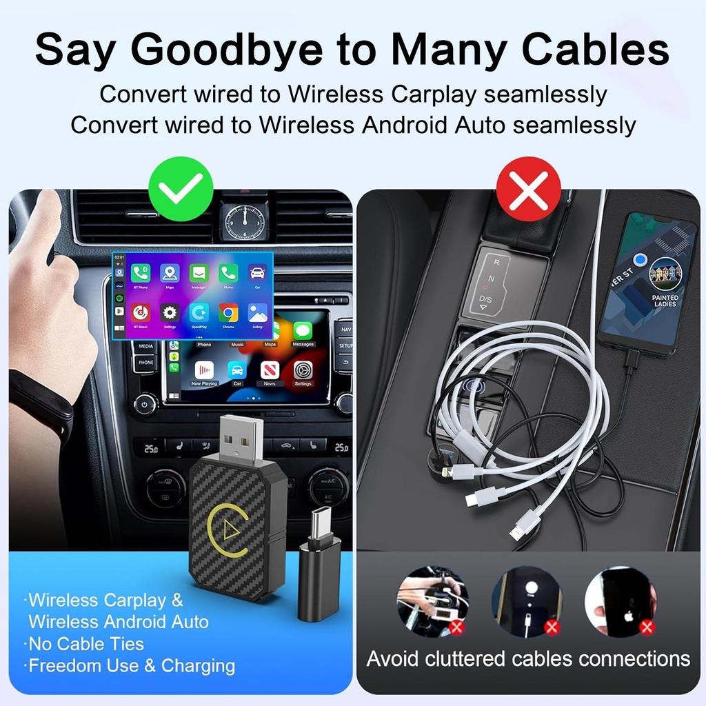 Wireless CarPlay Adapter 2in1 iPhone Android Auto USB Dongle Convert Wired to Wireless Bluetooth Car Stereo Receiver