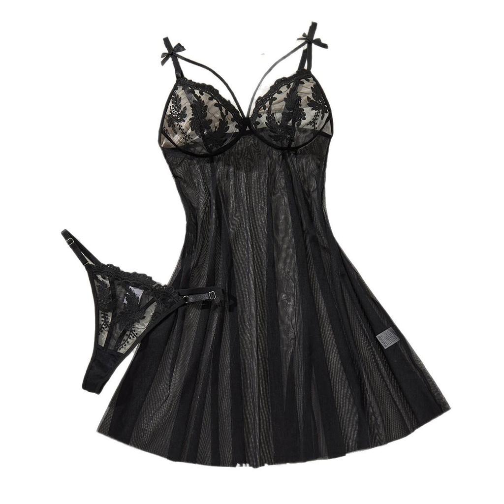 Multi-Color Bow Wheat Ear Embroidered Deep V See-Through Lingerie Set with T-Back