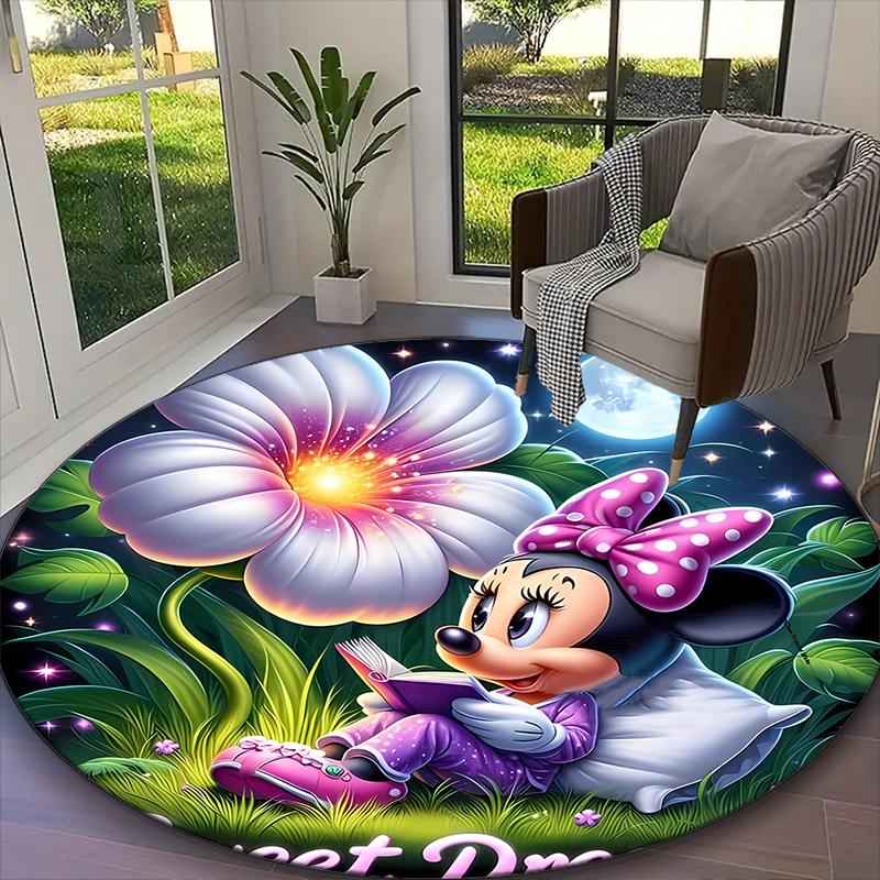 1pc Round Rug Appropriate for Office, Minnie Mouse Pastel Pink Floral Carpet, Versatile Printed Chair Rug, Durable Home Sofa Carpet