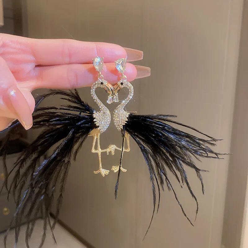 Korean Style Bird Drop Earrings for Women Pink Feather Rhinestone Dangle Earrings Fashion Zircon Accessories