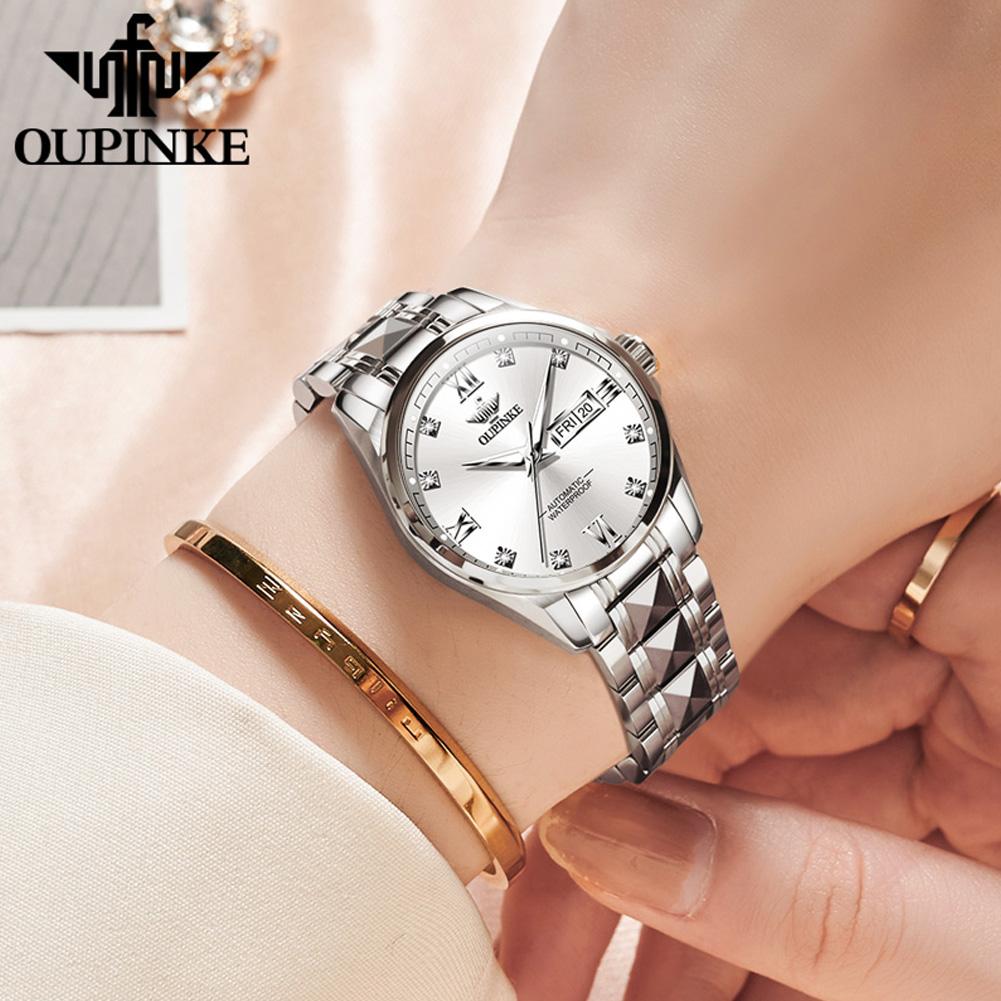 OUPINKE Women's Watch Luxury Automatic Diamond Scale Mechanical Fashion Clock Dual Calendar Waterproof Watch For Women 3262