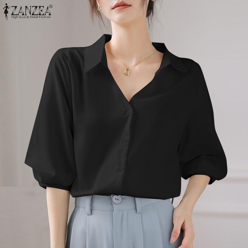 ZANZEA Женская повседневная однотонная летняя блузка с v-образным вырезом и половиной рукавов