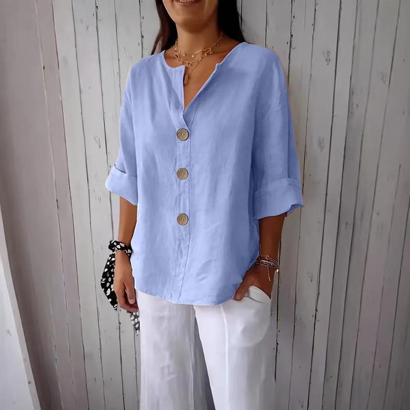 2026 Women's Loose V-Neck Cotton Linen Button Top - Comfortable Casual Summer T-shirt