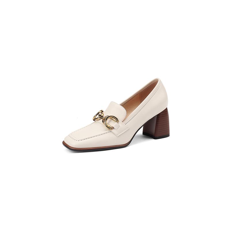2024 Spring New Genuine Leather Women Shoes Leisure Women Slip-On Shallow Pumps Square Toe Heels Shoes Women Zapatos De Mujer