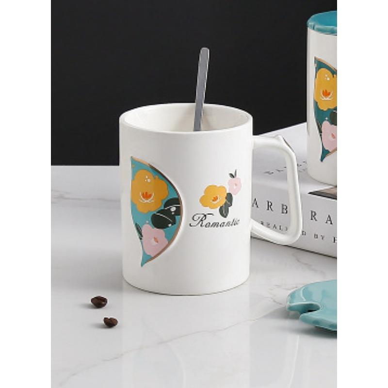 

Creative Embossed Gorgeous Romantic Flower and Leaf Ceramic Cup with Lid Spoon Office Home Coffee Milk Cup Companion Gift Cup 401-500ml