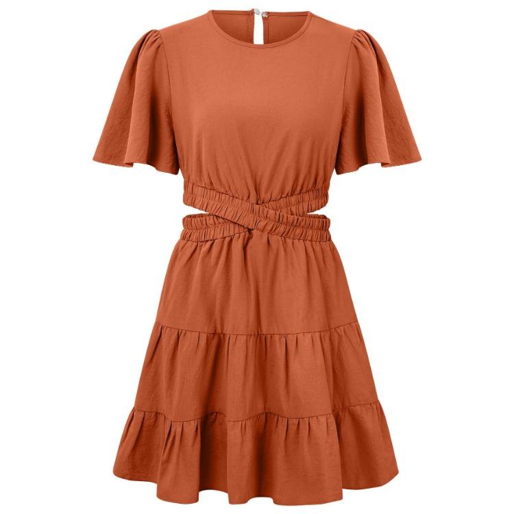Women Summer Casual A-Line High Waist Short Sleeve Dress Solid Color O-Neck Above Knee Dresses Spring S-XL