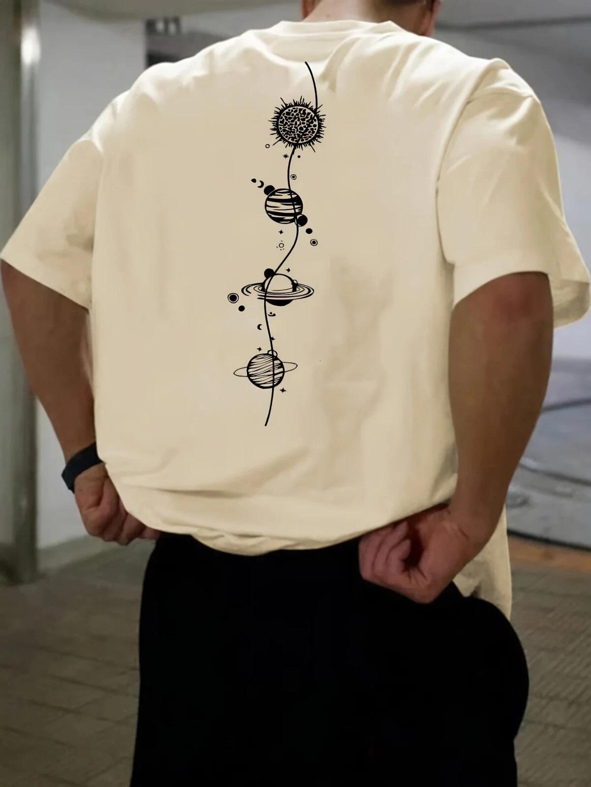 Men s 100% Cotton Summer Loose Size Planet Graphic Print Comfortable T-Shirt M