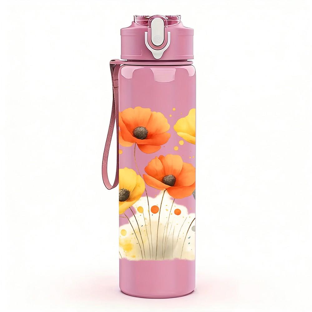 1PC Orange Wild Daisy Flower Cluster 750ml Color Plastic Sports Water Bottle Leakproof Flip Straw Lid For Sports Office Home Use