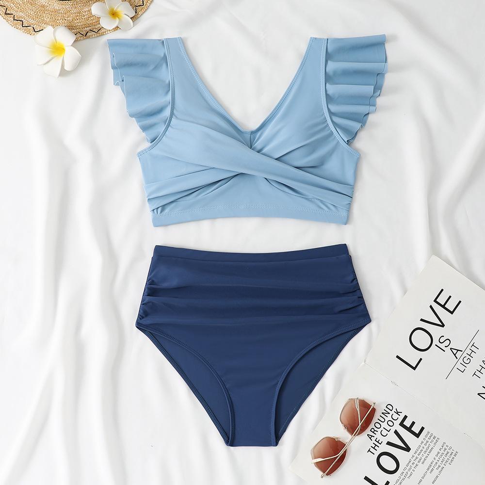 Women's Swimsuit Solid Color Ruffles Sexy High Waist Swimsuit Bikini Separate Suit Beach Wear