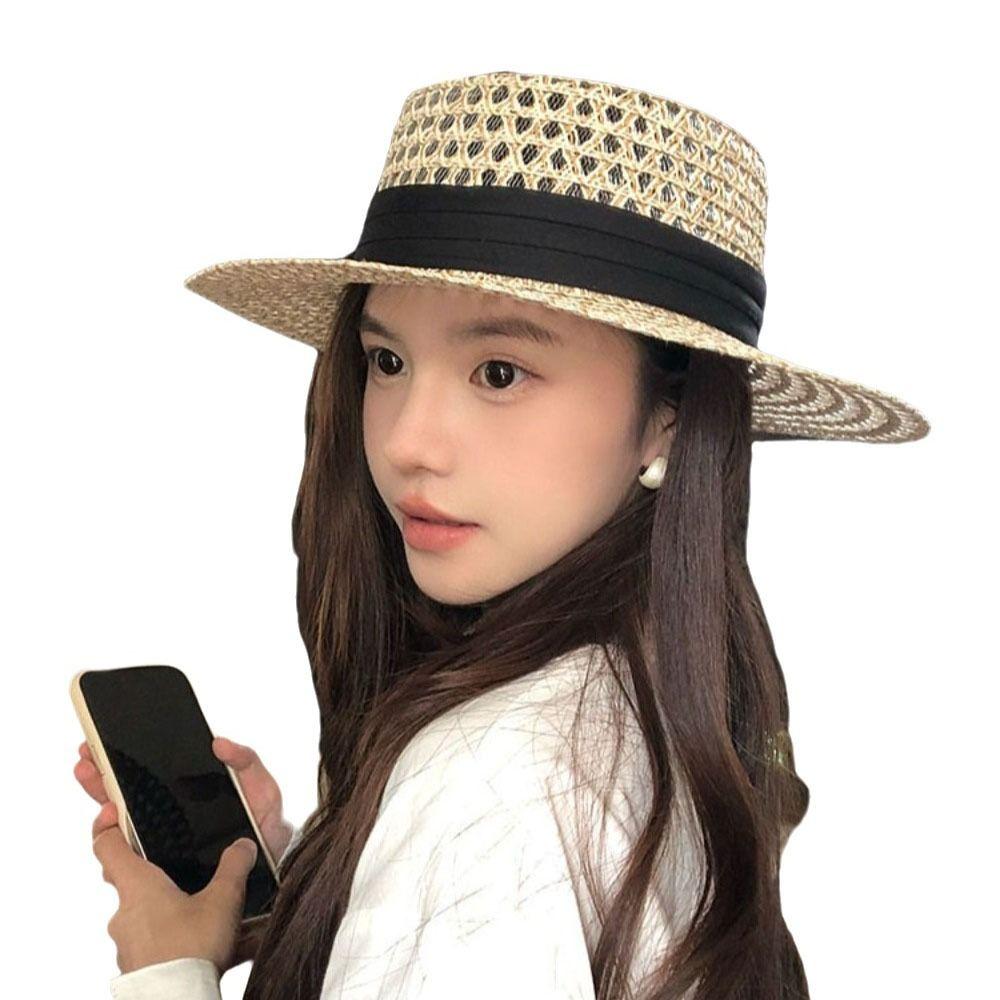 Wide Brim Straw Hat UV Protection Beach Hats French Flat Top Hat for Women