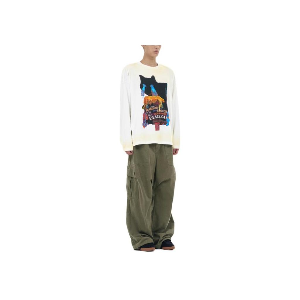 WE11DONE T-shirt Unisex Girocollo Manica Lunga con Fantasia Gatti FW23 Bianca WD-TT3-23-741-U-WH