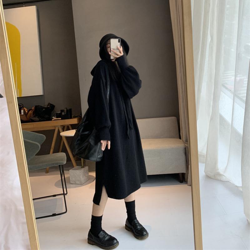 Autumn and winter new hooded large size knitted dress women's medium and long loose and thin lazy wind sweater skirt