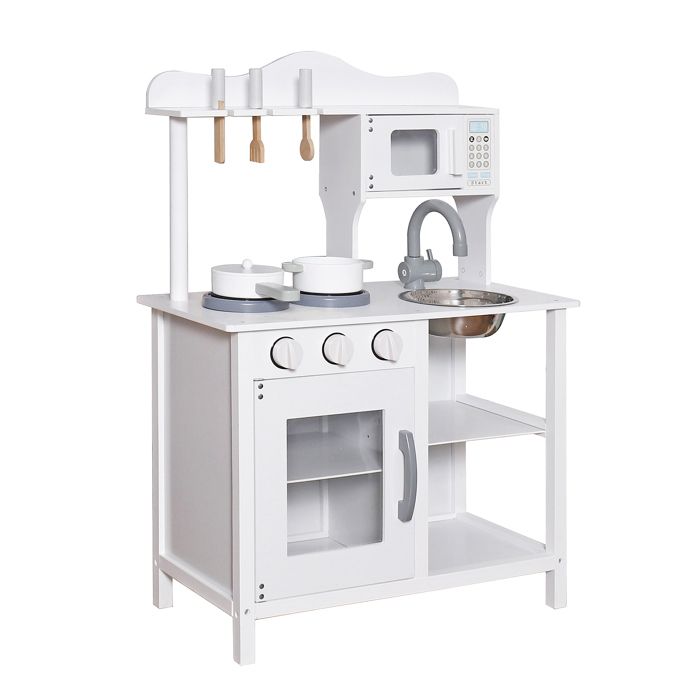GINGER HOME – Wooden Play Kitchen for Children with Accessories, Doors and Buttons, White, 58.5×29.5×85 Cm
