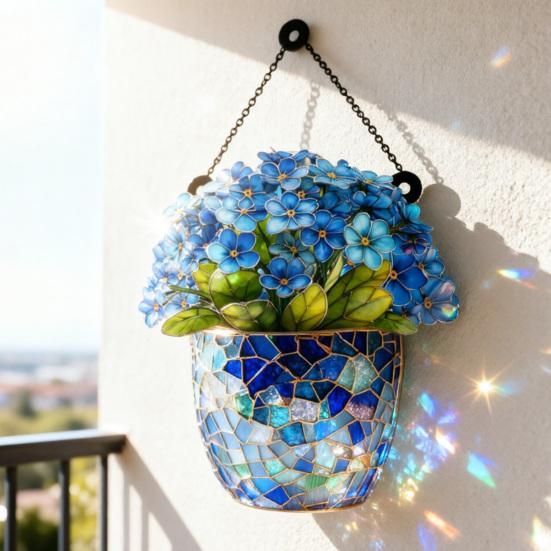 Floral Tea Cup And Book Suncatcher Stained Glass Effect Window Car Hanging Ornament Acrylic Garden Sun Catcher Panel for Women Mom Grandma