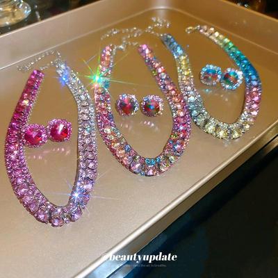 Luxury Two-Piece Set: Inlaid Diamond Stud Earrings & Necklace with Color Accents