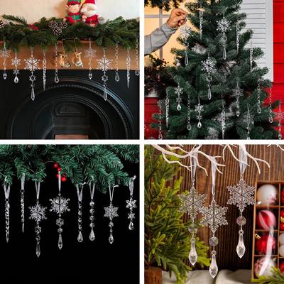 Weihnachtsschmuck-Set, eleganter Weihnachtsbaumschmuck in Acrylkristall-Optik, Schneeflocken, Eiszapfen, Ornamente für die Silvesterparty