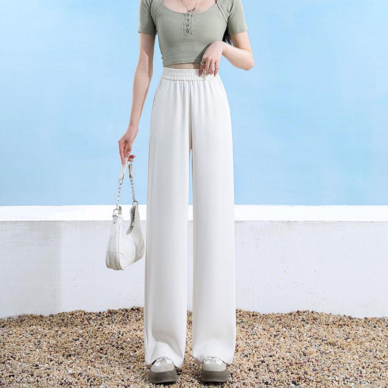 Women's Plus Size Black Ice Silk Wide-Leg Summer Pants - Loose, Slimming, High Elastic, Cool Straight-Leg Design.