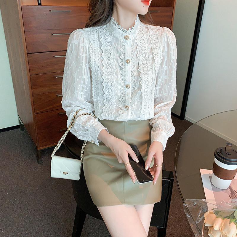 Autumn Women Blouse Long Sleeve White Lace Blouse Shirt Women Tops Stand Collar Blouse Women Clothing J16