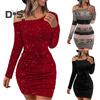 Abito da donna autunno-primavera, monospalla, manica lunga, catena elastica, decorazione, tubino, vita stretta, pieghe, paillettes, vestibilità slim sopra il ginocchio, mini abito da club per feste