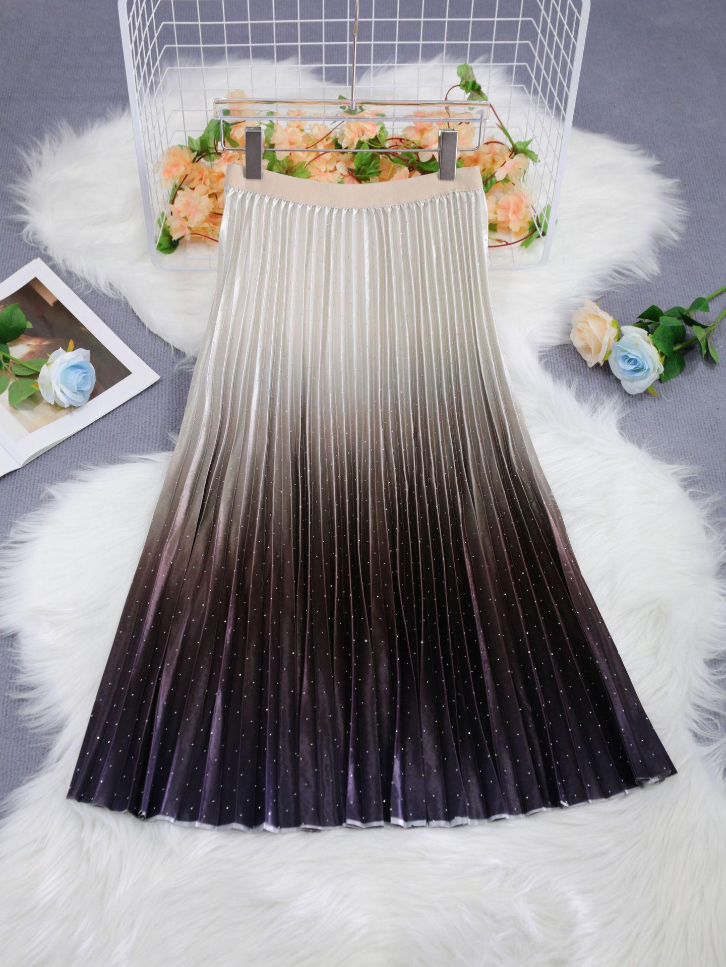 

Women s Spring/Summer Elegant Pleated Skirt with Rhinestone Gradient Design One Size темный кофе