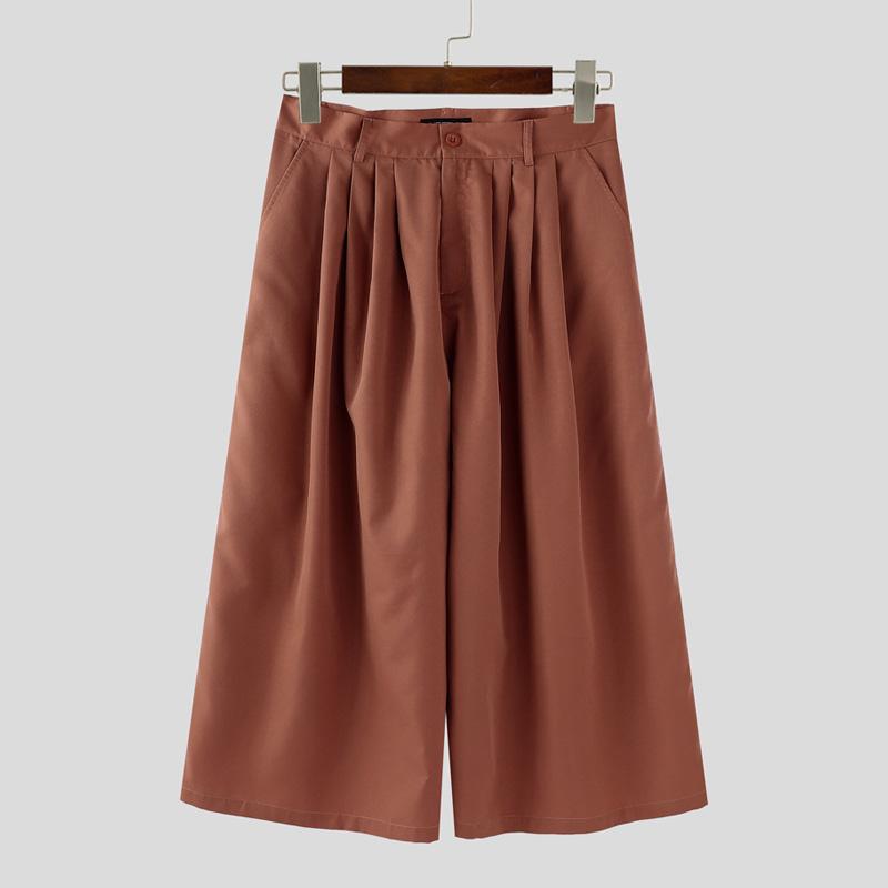 INCERUN Men Zip-up Waist Solid Color Casual Loose Cropped Straight Pants