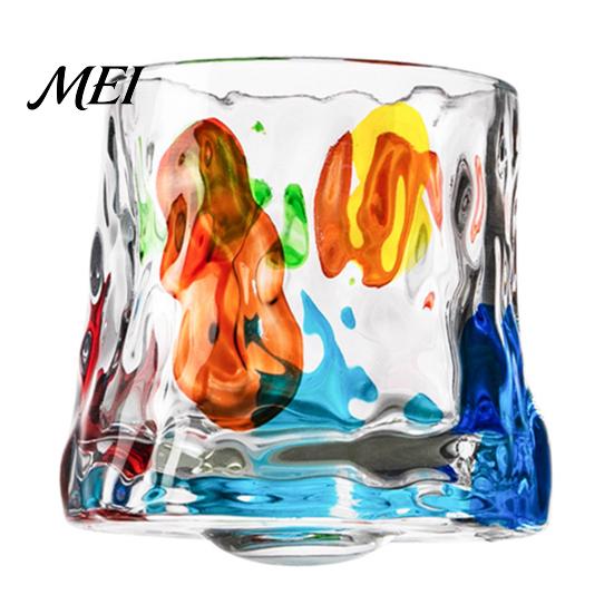Embossed Faux Crystal Drinkware Rotating Whiskey Glass, Hand Painted Swivel Tumbler with 360-degree Spinning Bourbon Tasting Cup Base, Liquor