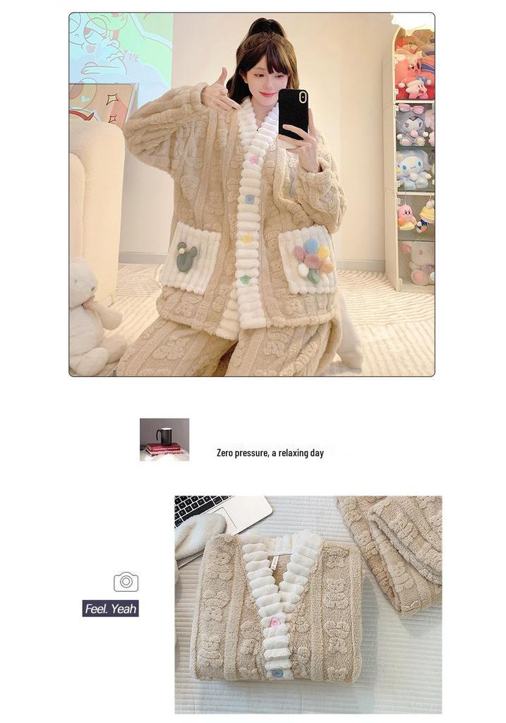 Women’s Winter Coral Fleece Pajama Set - Long Sleeve Flannel Cardigan, Thick Warm Plus Size Home Wear