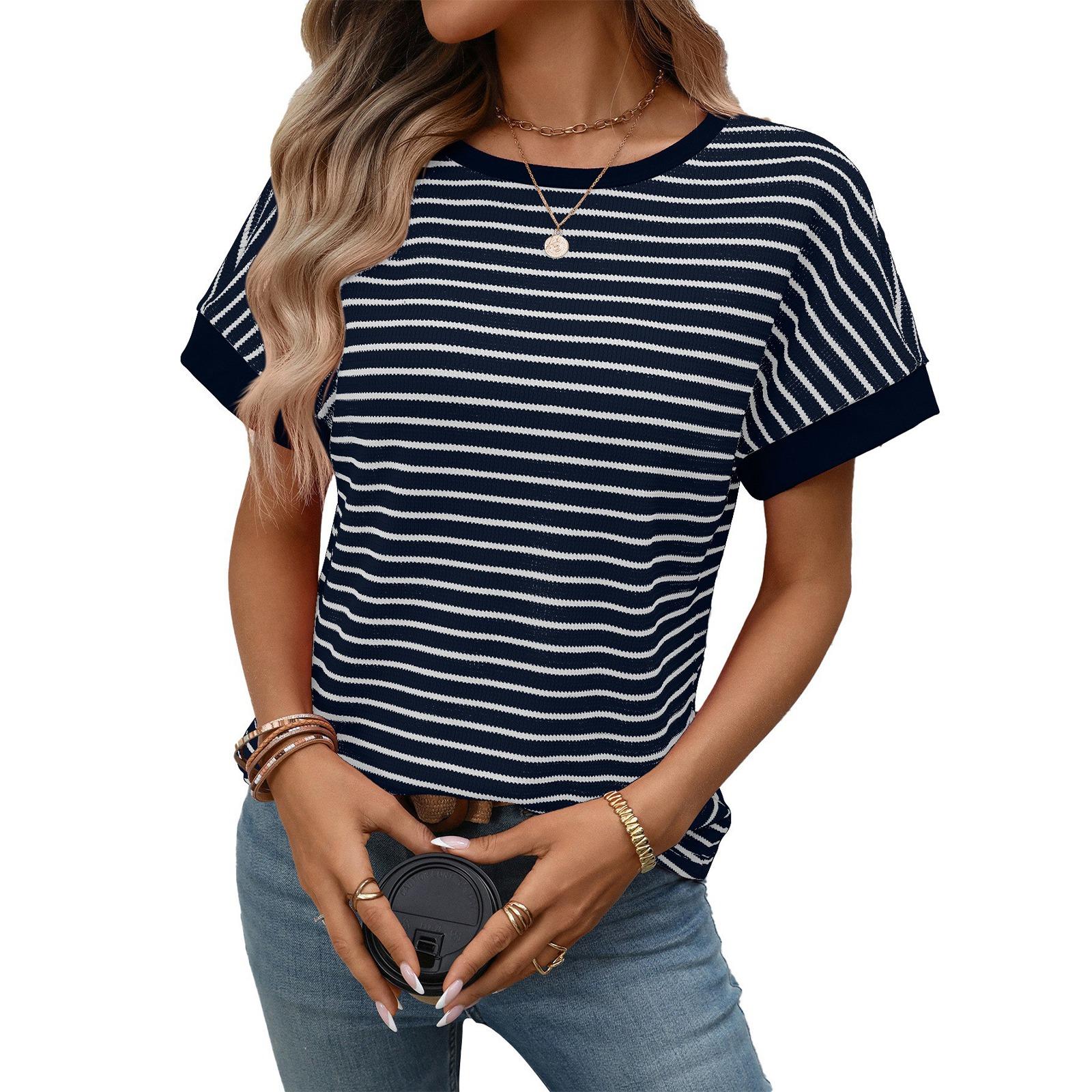 

Women Casual Short Sleeve T Shirt Crew Neck Striped Patchwork Loose Fit Lightweight Summer Top S Темно-синій