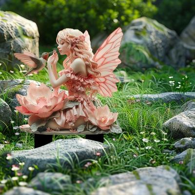 Flower Fairy Garden Stake, 2D Acrylic Fairy Garden Decoration, Waterproof Fairy Hummingbird Yard Art Stake for Lawn Balcony Flower Pot