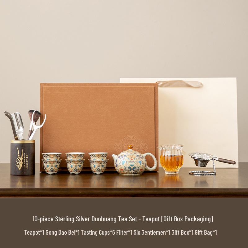 Dunhuang Silver-Inlaid High-End Retro Kung Fu Tea Set: Light Luxury Chinese-Style Tea Brewing and Drinking Gift Box